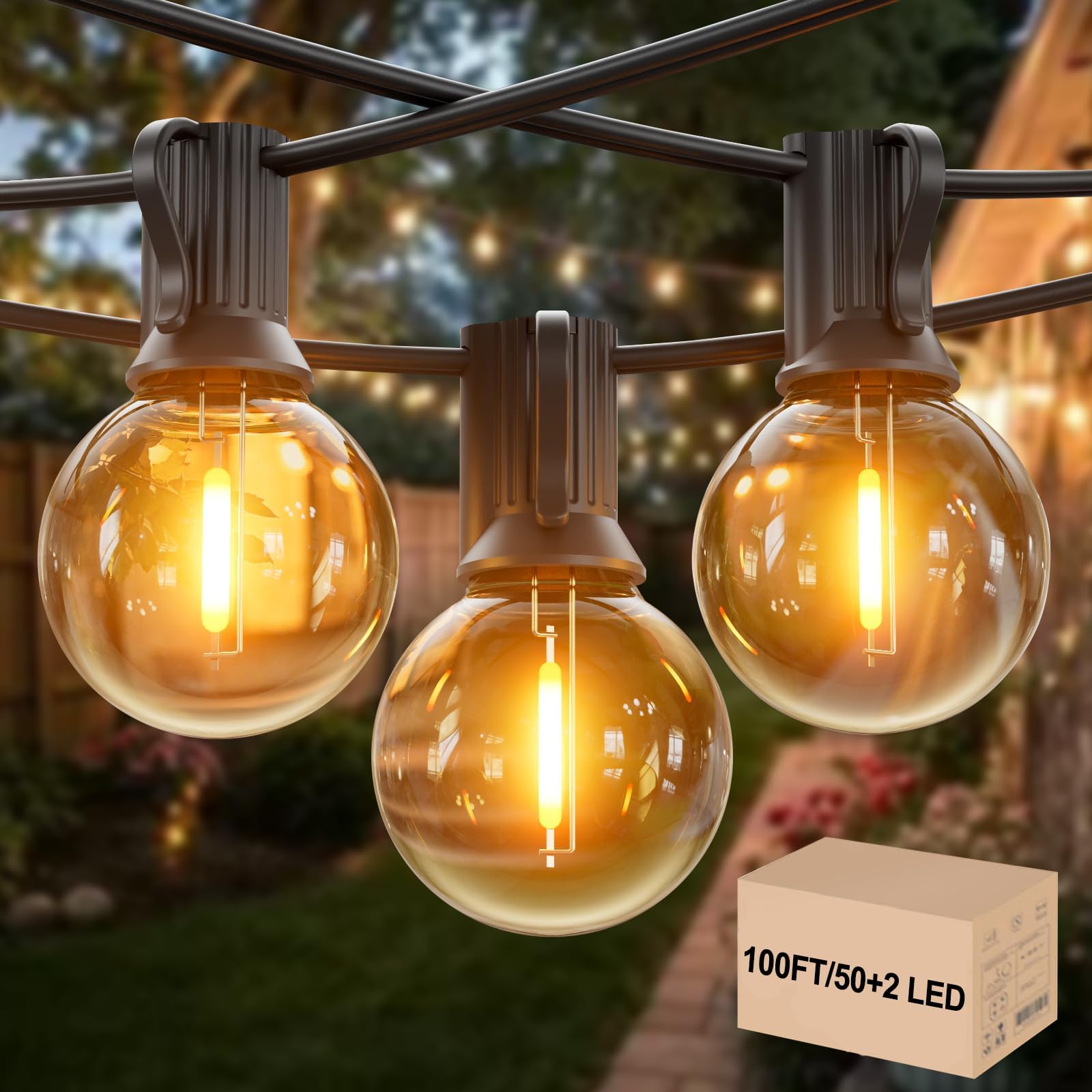 100FT Garden Bulb Lights 50+2 G40 Bulbs, IP45 Waterproof Outdoor Festoon Lights, Warm White String Lights with 1000FT Connectable Extension for Patio, Party, Wedding