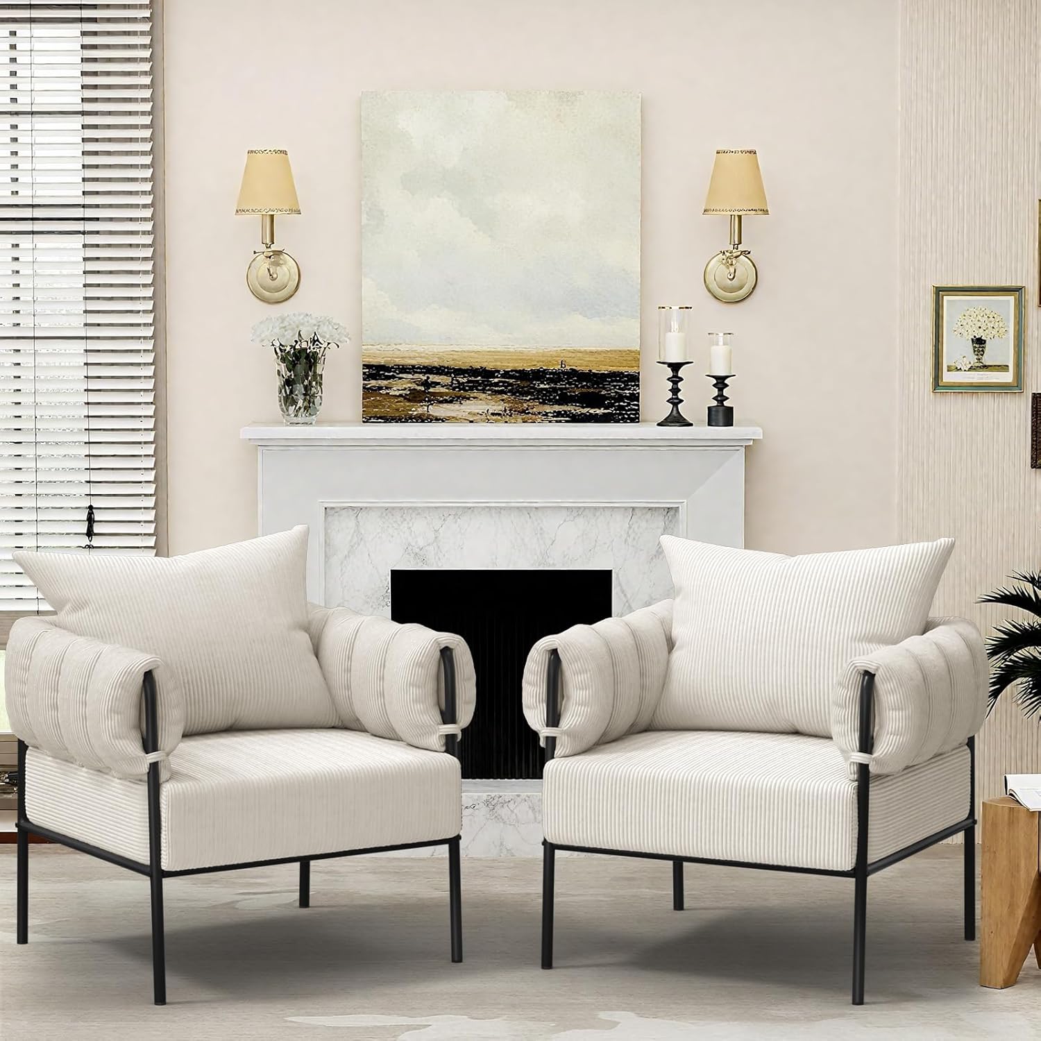 Modern Accent Chairs Set of 2, Upholstered Lounge Chair with Pillow, Comfy Corduroy Armchair with Metal Frame, Reading Chair for Living Room, Bedroom, Balcony (Beige)