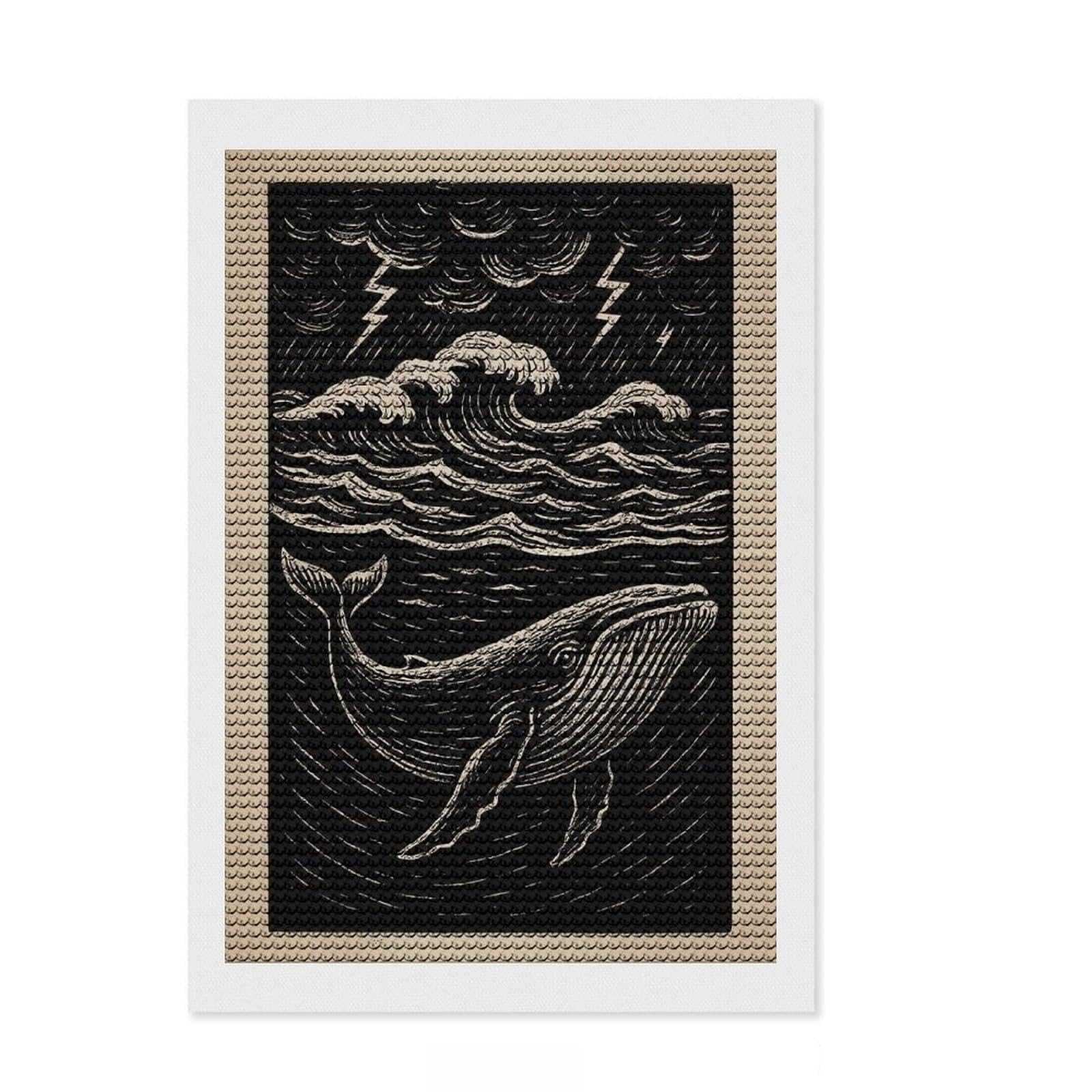 Junmoney Whale in Stormy Sea Woodcut Illustration Diamond Painting Set 8"x12", Holiday Gift Idea, for Women, Easy Handmade Project, Vintage Style Decor