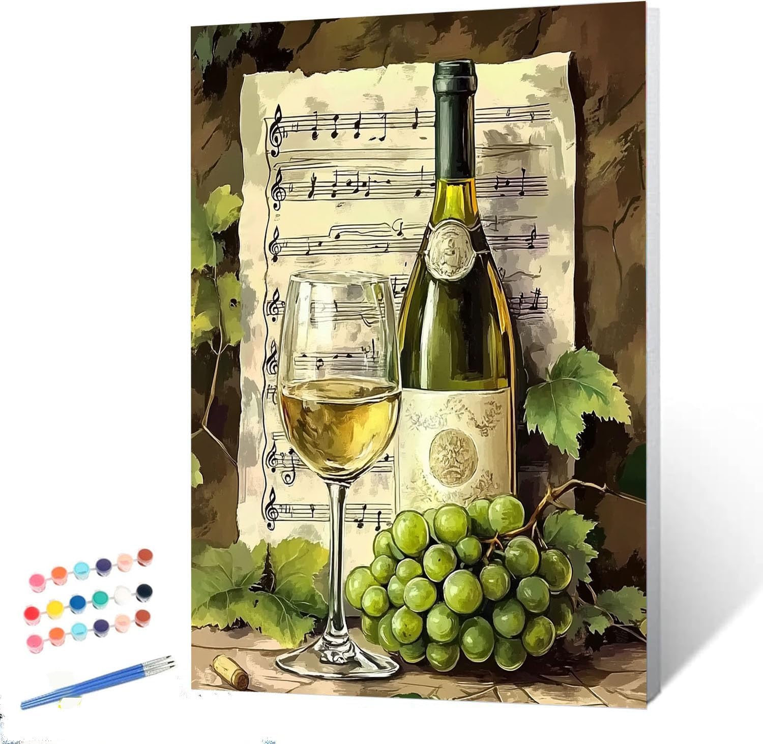 Green Grapes and White Wine Paint by Numbers Kits for Adults Beginners Sheet Music DIY Painting by Number on Canvas Realistic Style Painting with Brushes Acrylic Paints Gift 16x20 Inch（With Frame）