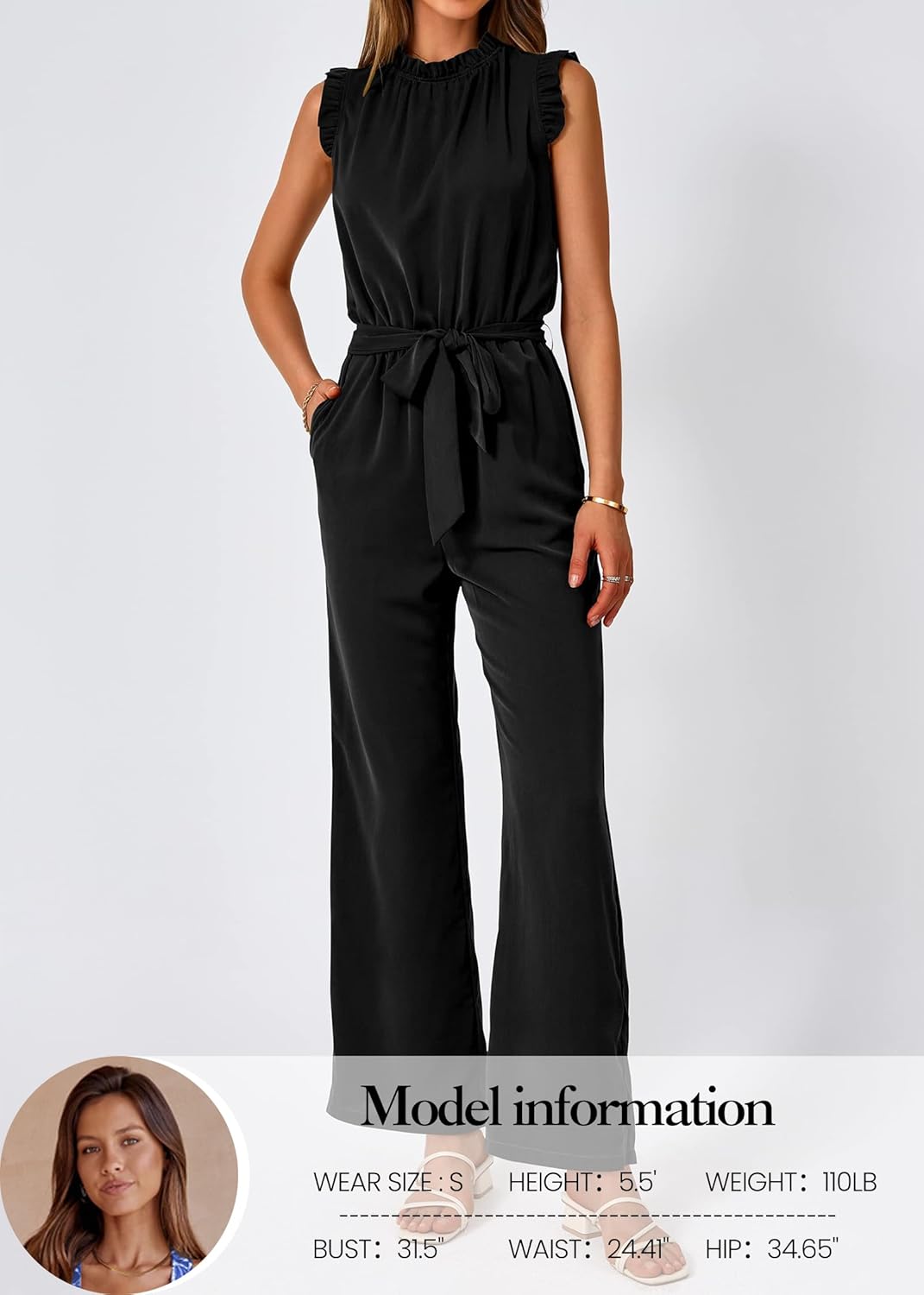 KIRUNDO Jumpsuits For Women Dressy Summer One Piece Sleeveless Ruffle Mock Neck Belt Pockets Formal Wide Leg Pants Romper - Image 2