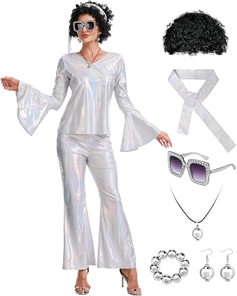 70s Disco Costume for Women-Disco Outfit with Sequin Top & Bell Bottoms,Wig,Earrings,glasses,Necklace,Headband