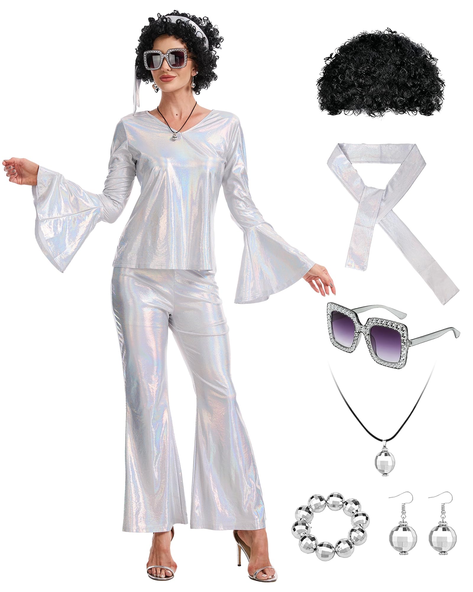 LLTTEER Women's 70s Disco Outfit Costume Set 9 Pieces Disco Costume with Flared Pants,60s 70s Disco Accessory Set, for Carnival, Halloween Theme Party (Silver, L)