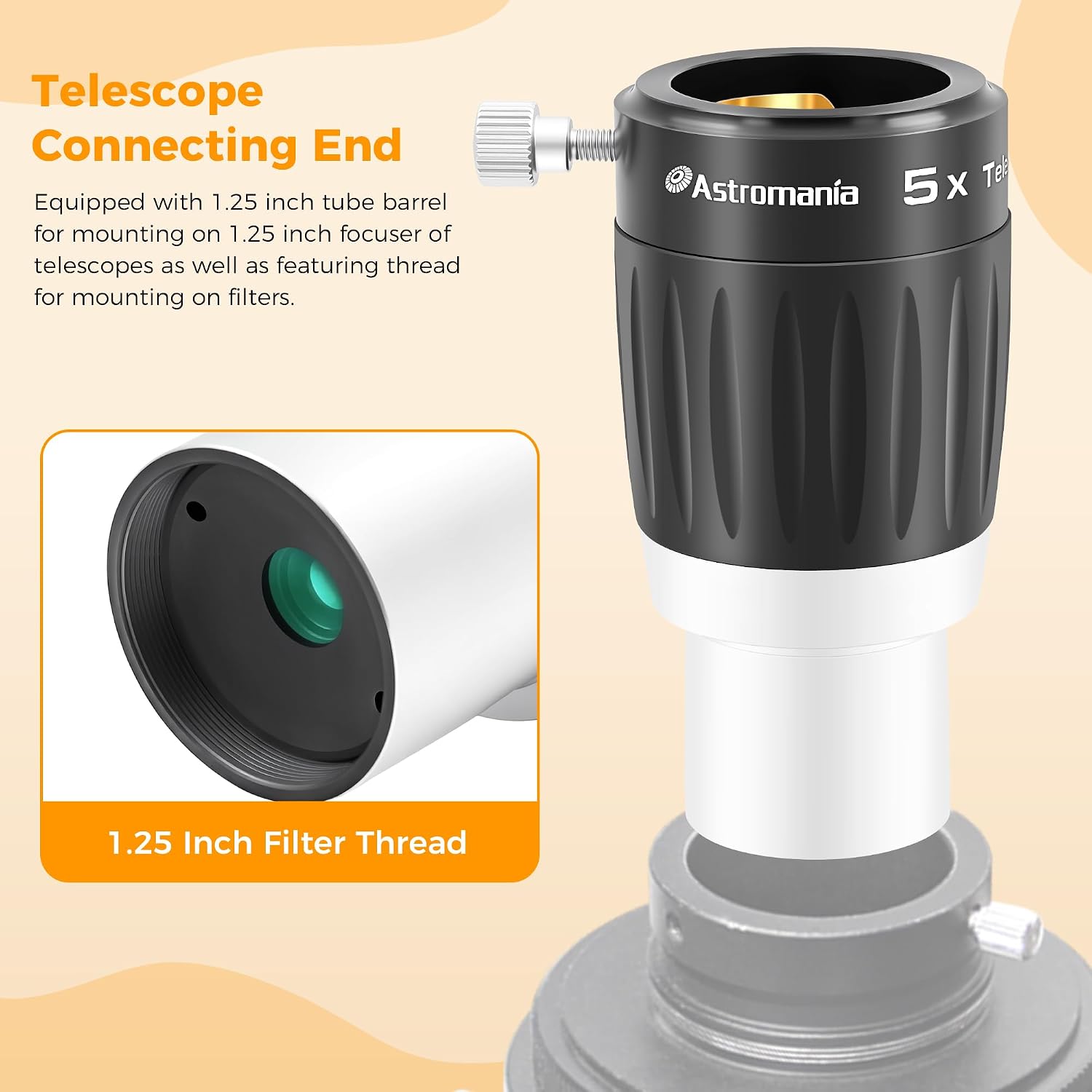 Astromania Deluxe Barlow Lens 5x for Telescope 1.25 Inch, 4-Elements Multi-Coated Metal Telescope TeleXtender Barlow Lens, Premium Apochromatic Lense Telescope Accessories for Astronomical Observation