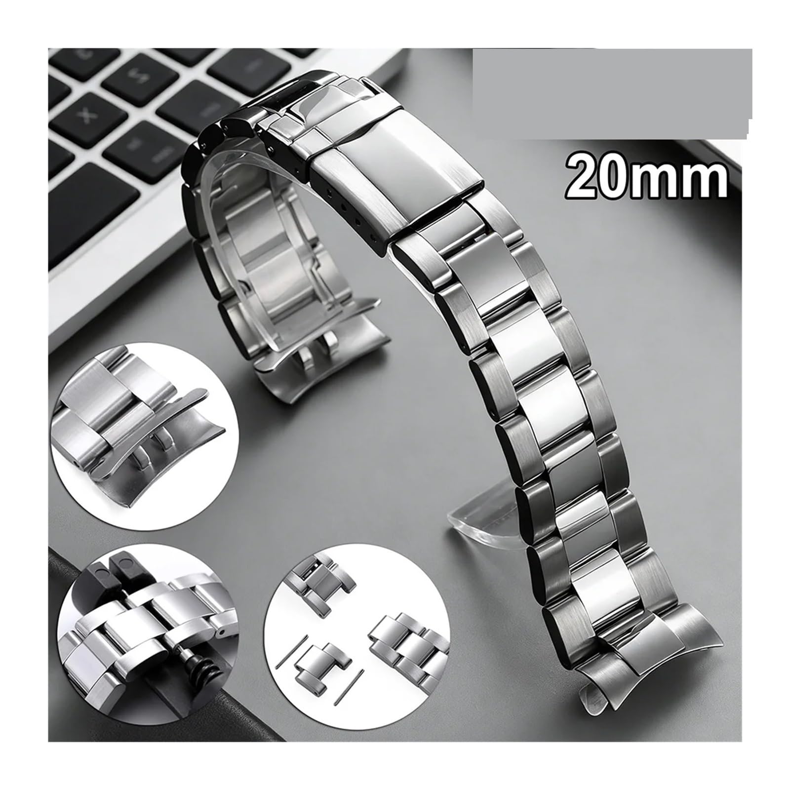 Bracelet de montre en métal avec extrémité incurvée de 20 mm - Fermoir pliable - Pour homme et femme