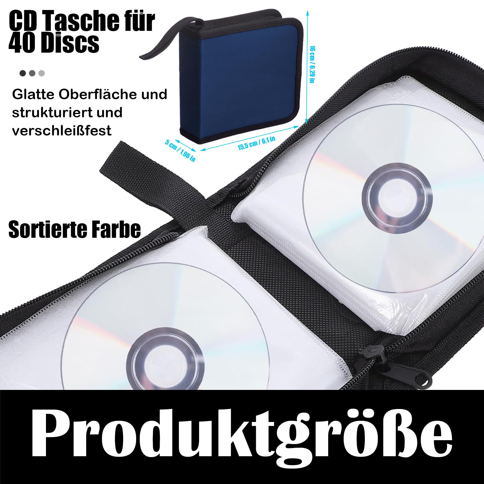 Porta CD Custodia, Dvd Organizzatore, Protable Oxford Panno 40 Dischi CD, Cerniera Custodia Organizer per Dischi Protettivi per Viaggi in Auto, Blu