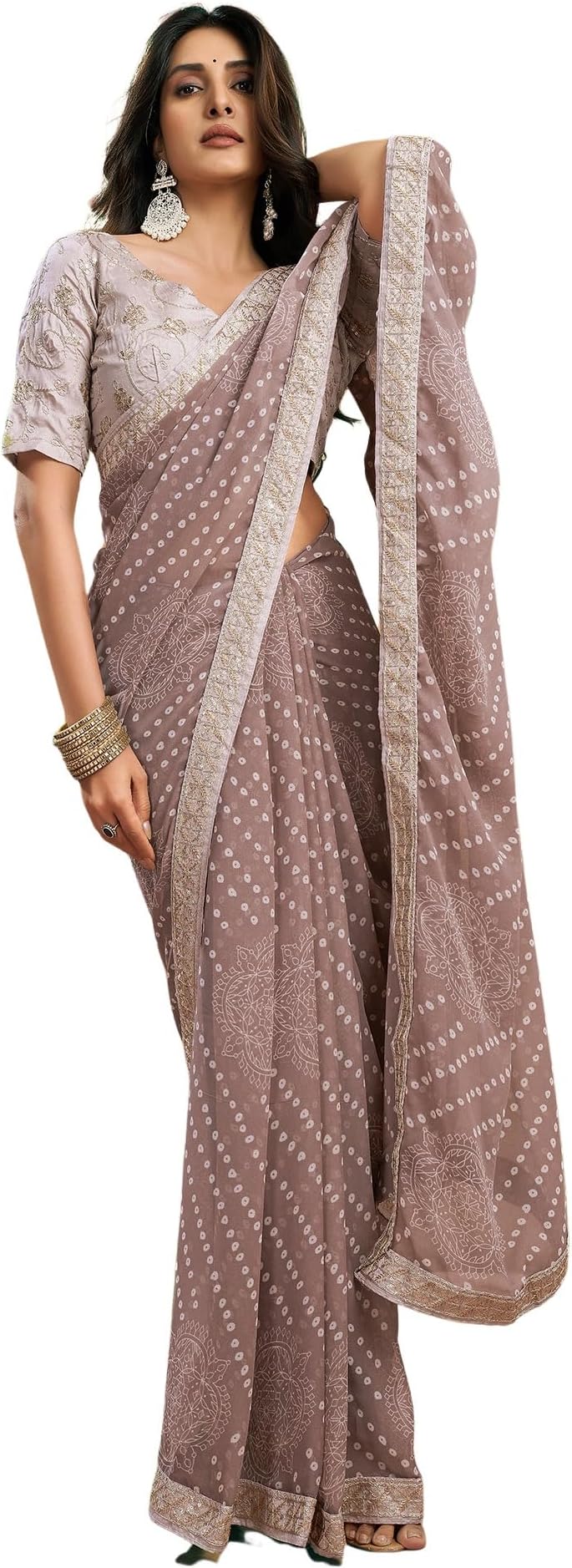 SIRILWomen's Bandhani Printed Embroidery Lace Georgette Saree with Unstitched Blouse Piece