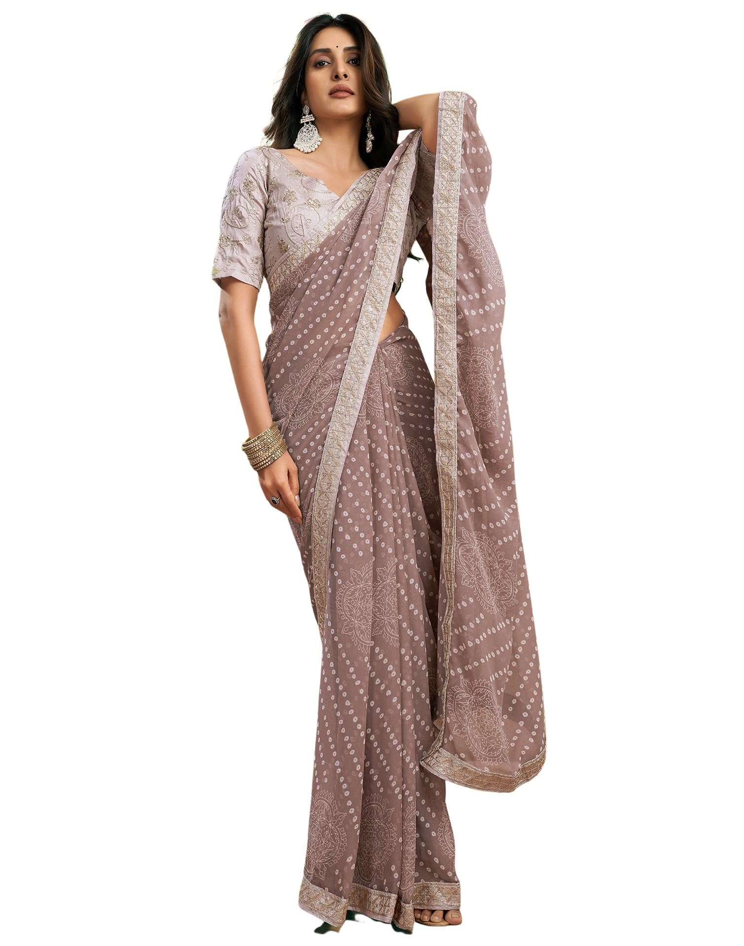 SIRILWomen's Bandhani Printed Embroidery Lace Georgette Saree with Unstitched Blouse Piece