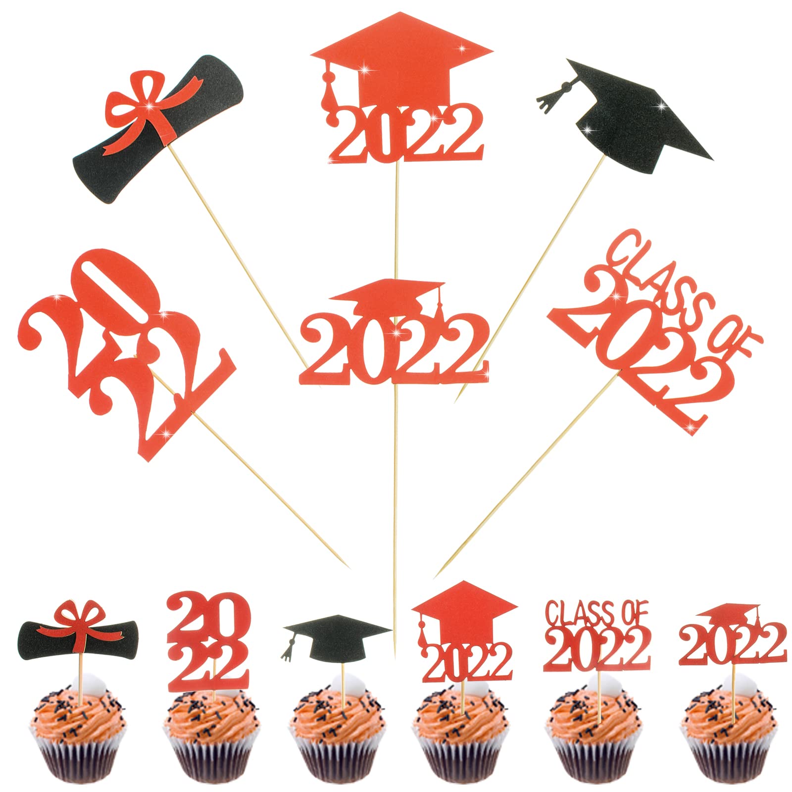 48 Pieces Graduation Cupcake Toppers 2022 Diploma Grad Cap Cake Toppers Food Picks for Party Supplies and Graduation Party Favors (Red)