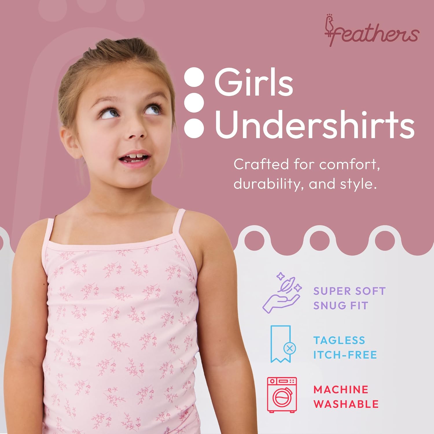 Feathers Leafy Style Super Soft Girls Undershirts Tagless Camisoles – Cotton Cami Girls Tank Tops (3 Pack) - Image 2