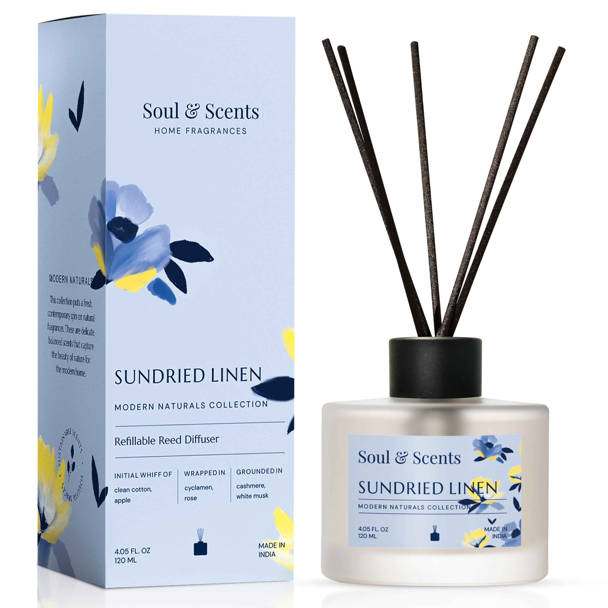 Soul & Scents Reed Diffuser Set 120ml | Sundried & Clean Linen|6 Fiber Sticks| Essential Oil Home Fragrance Aromatherapy Stress Relief| Eco Friendly|Gift for Office Bathroom| Long Lasting Upto 8 Weeks