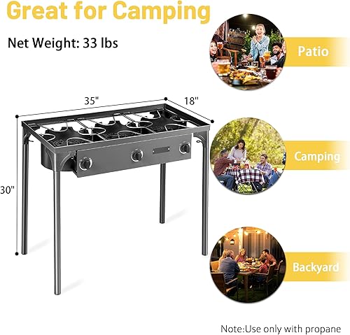 Miniatura 2 de Aliphon Estufa de camping al aire libre, tres quemadores de propano con patas desmontables y regulador de 0-20 PSI y aprobación CSA, estufa de gas