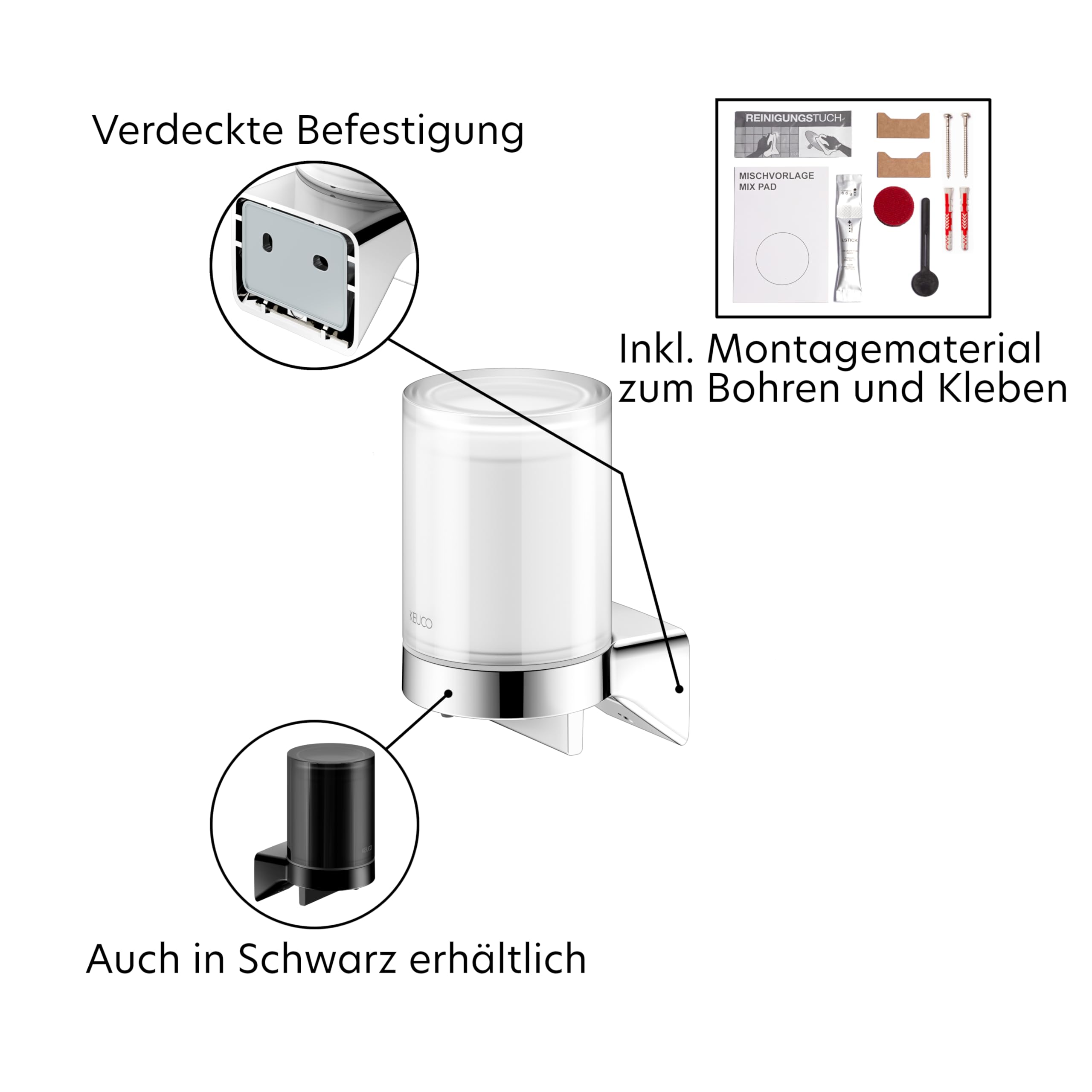 KEUCO Rose Seifenspender mit Stülpglas, 180 ml, ohne Bohren, verchromt | Made in Germany, nachfüllbar, inkl. Klebeset und Schraubset, Lotionspender zum Kleben oder Schrauben
