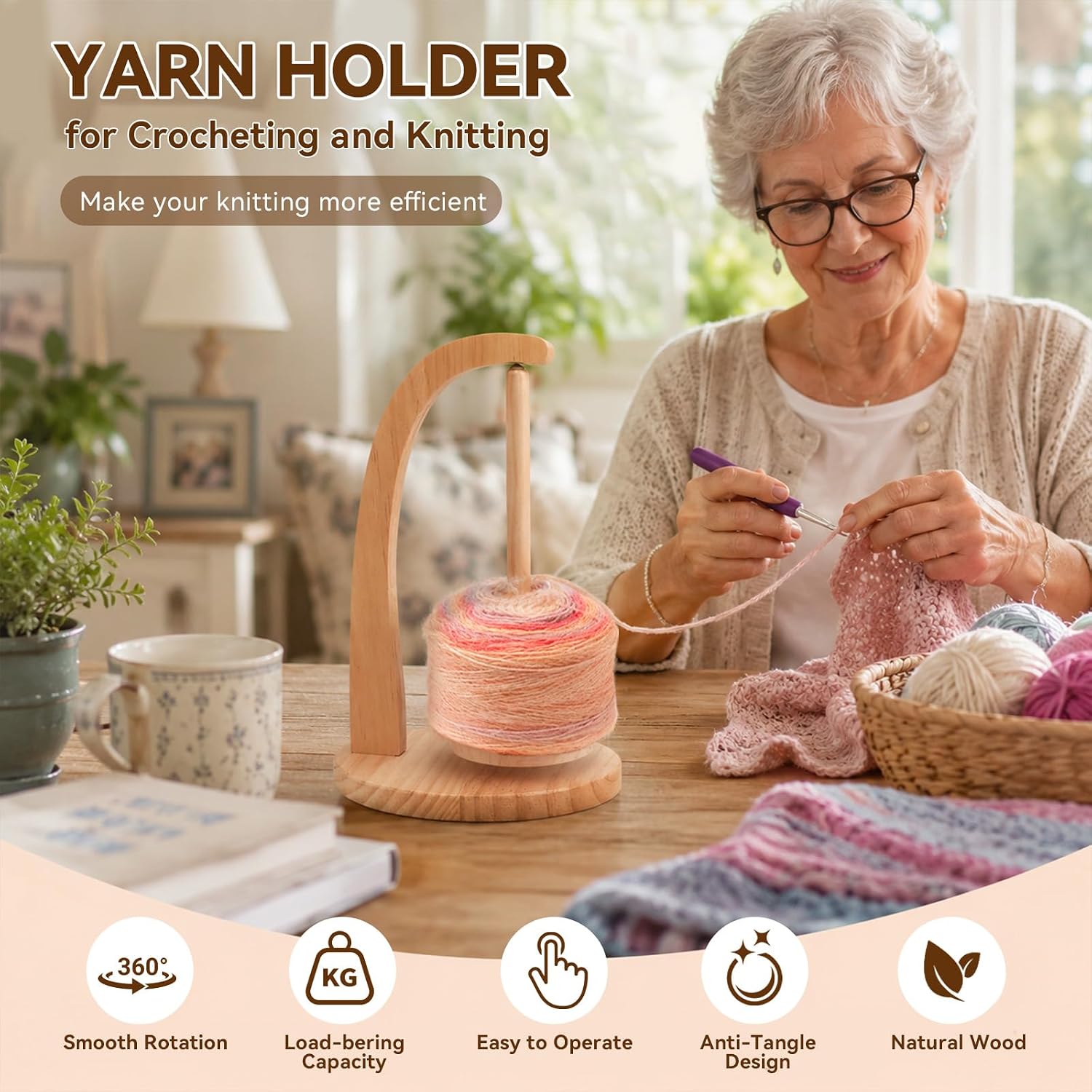 Dlzoiuc Upgraded 360° Rotating Yarn Holder, Pine Wooden Magnetic Yarn Spinner with Anti-Slip Wide Base, Portable Yarn Minder for Crocheting & Knitting