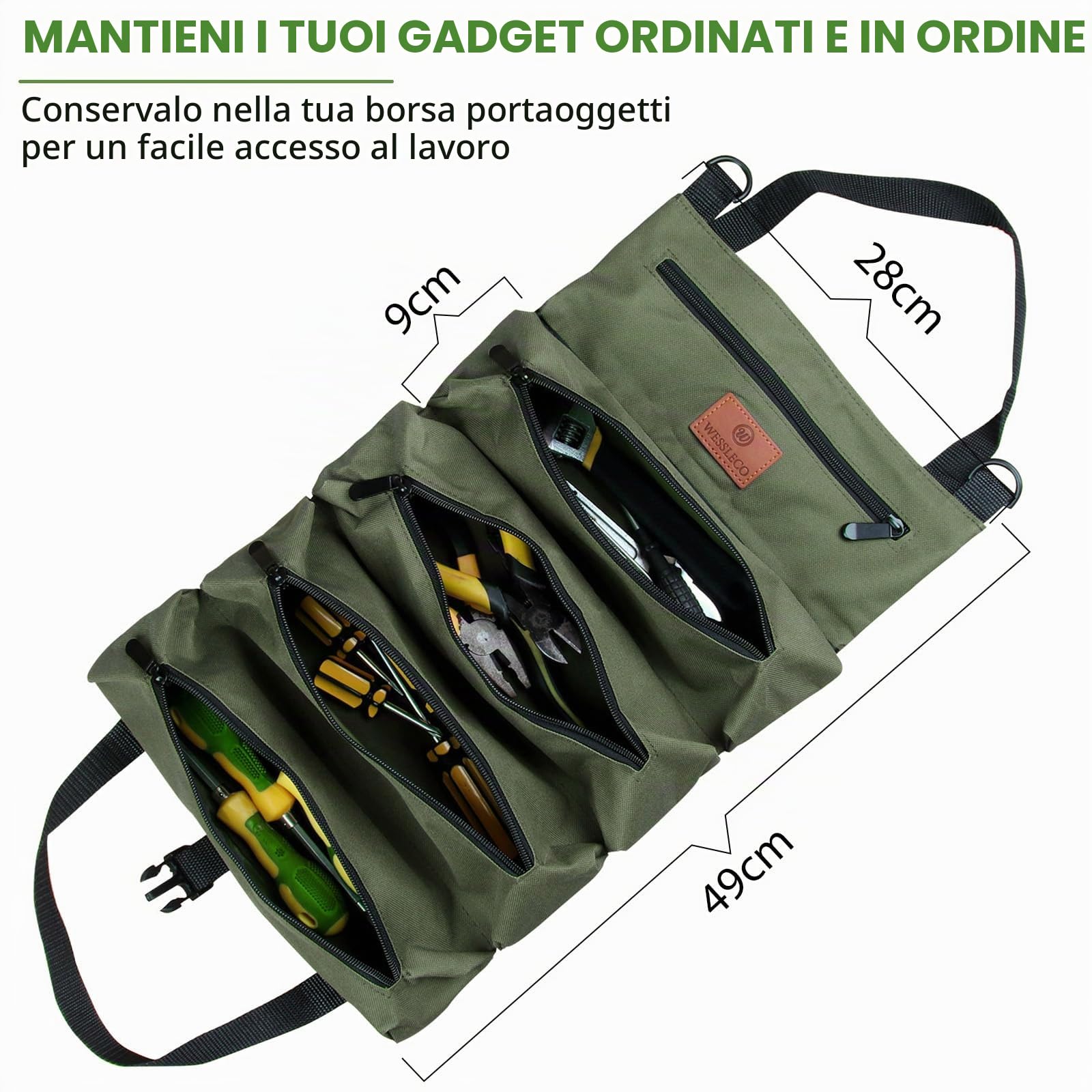 Borsa per attrezzi, borsa portachiavi in tela, borsa per attrezzi multifunzionale con 5 tasche con cerniera, ideale per idraulici, commercianti ed elettricisti
