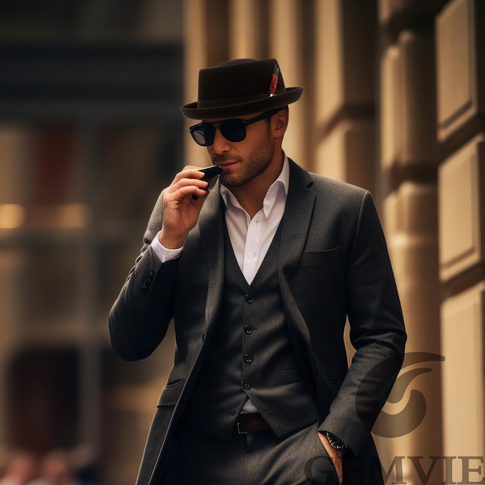 GEMVIE Pork Pie Hut 100% Wolle Filz Fedora Trilby Hut schwarz Erwachsene