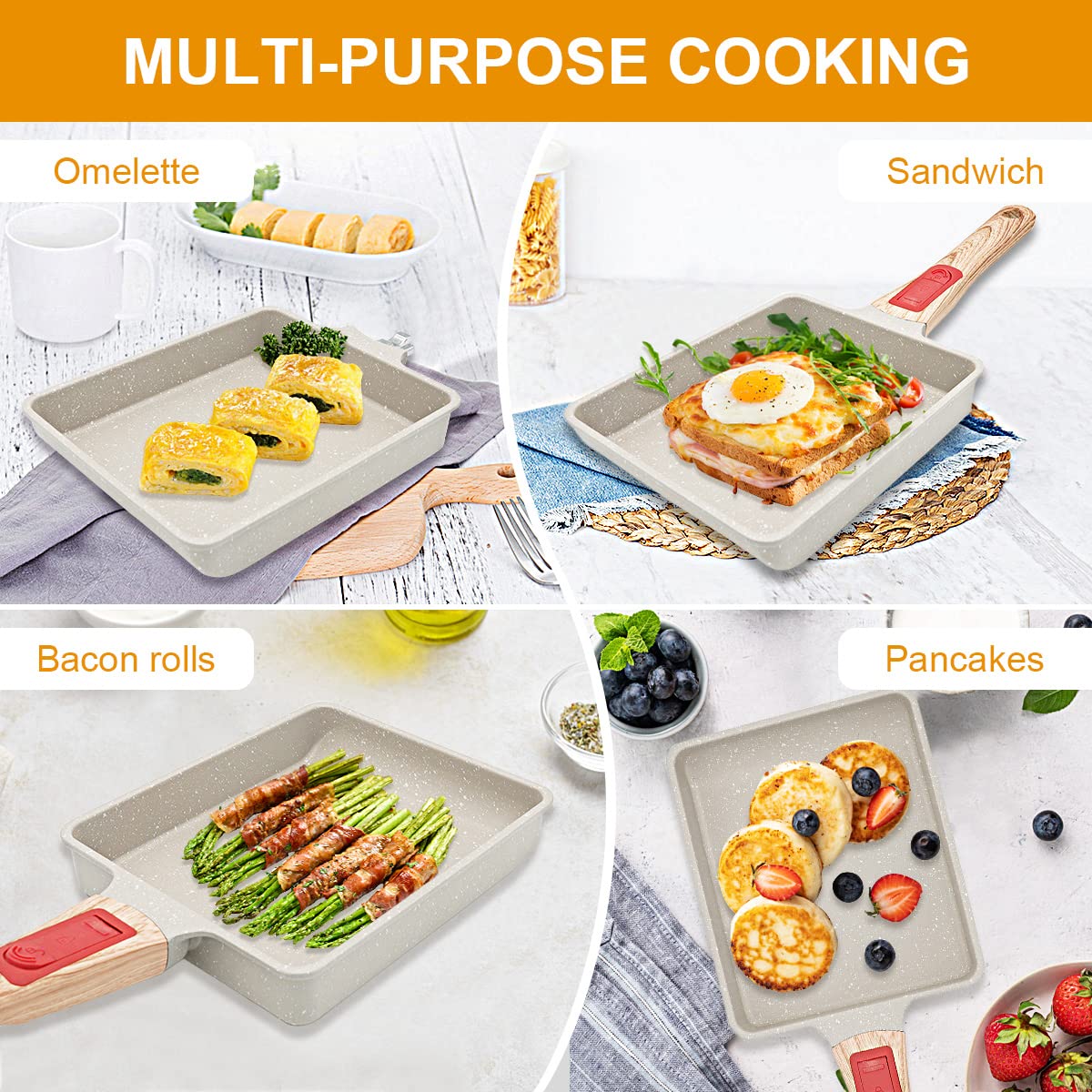 Sartén Japonesa Antiadherente para Tortillas y Tamagoyaki - Rectangular para Huevos con Mango Extraíble 19 * 16 CM, Apta para Horno y Lavavajillas