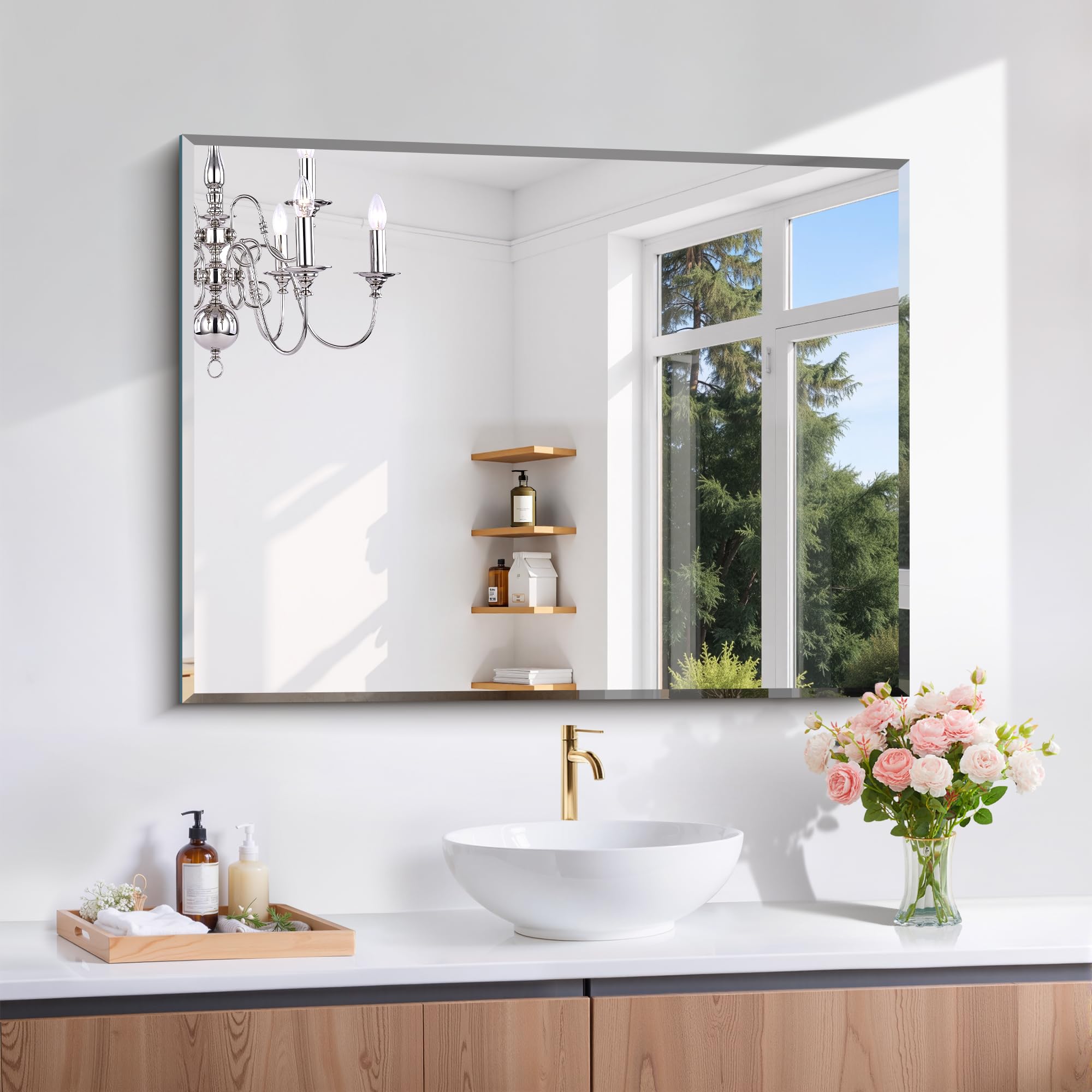 CILIBER Beveled Mirror, 30x40 Large Frameless Bathroom Mirrors for Wall, 3mm Tempered Glass Rectangle Vanity Mirror with Beveled Edge, Crystal-Clear, Hangs Horizontally or Vertically