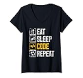 Womens Eat Sleep Code Repeat Programmer Coder Sayings Coding V-Neck T-Shirt