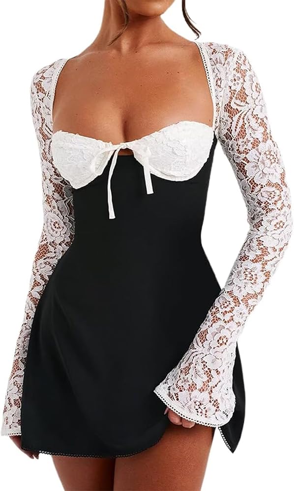 chinese dress ladies Women Sleeveless Lace Mini Dress Square Neck Backless Tie-up Floral Dresses  Slim Fit A-Line Short Dresses (US, Alpha, Small, Regular, Regular, Black)  at Amazon Women's Clothing store main image 0