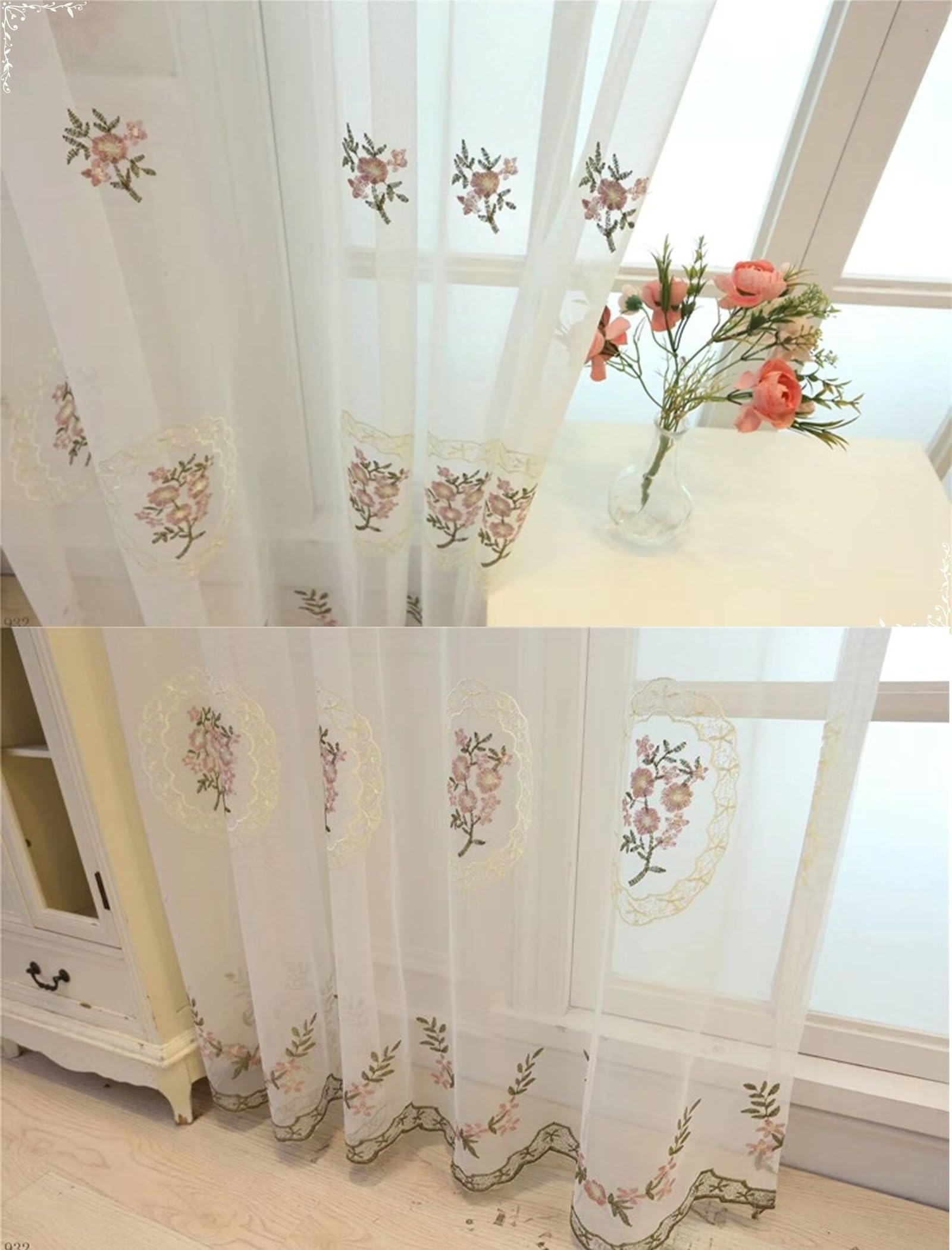 Przezroczyste zasłony tarasowe, 137 cm, zestaw 2 paneli z przelotkami, białe kwiatowe haftowane zasłony prywatności, 137 x 137 cm, lekkie i eleganckie dekoracje okienne do dekoracji domu