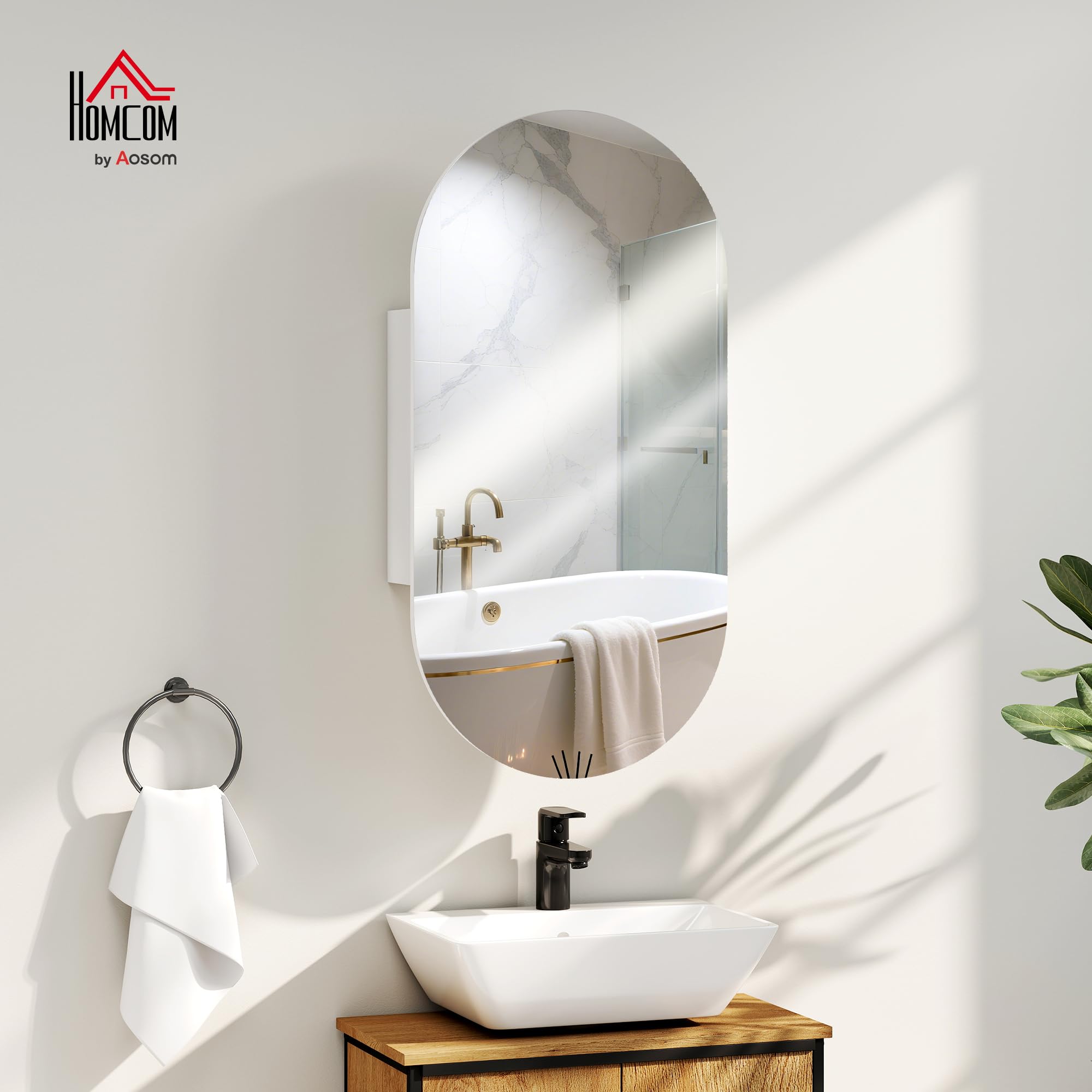 HOMCOM Specchiera Bagno Ovale con Armadietto, Specchio Contenitore Bagno Moderna a Parete con Due Ripiani Salvaspazio, 45x90 cm, Bianco