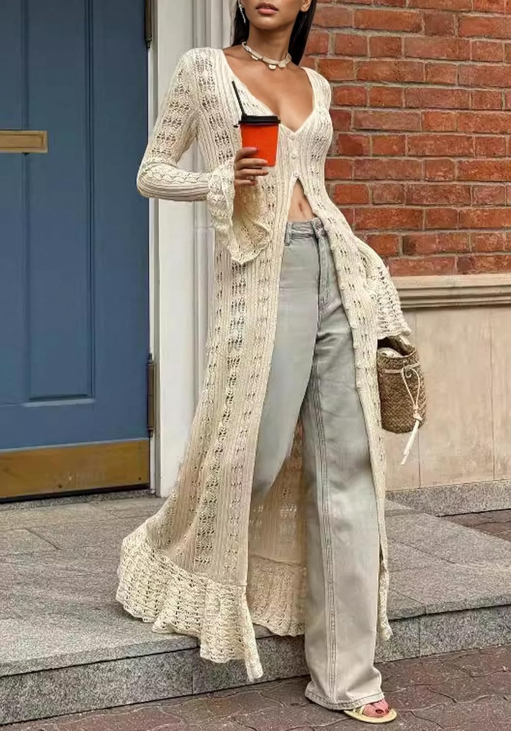 LETSVDO Womens Long Crochet Cardigan Bell Sleeve Ruffle Knit Hollow Out Lightweight Duster Sweater Beach Cover up Dress - Image 4