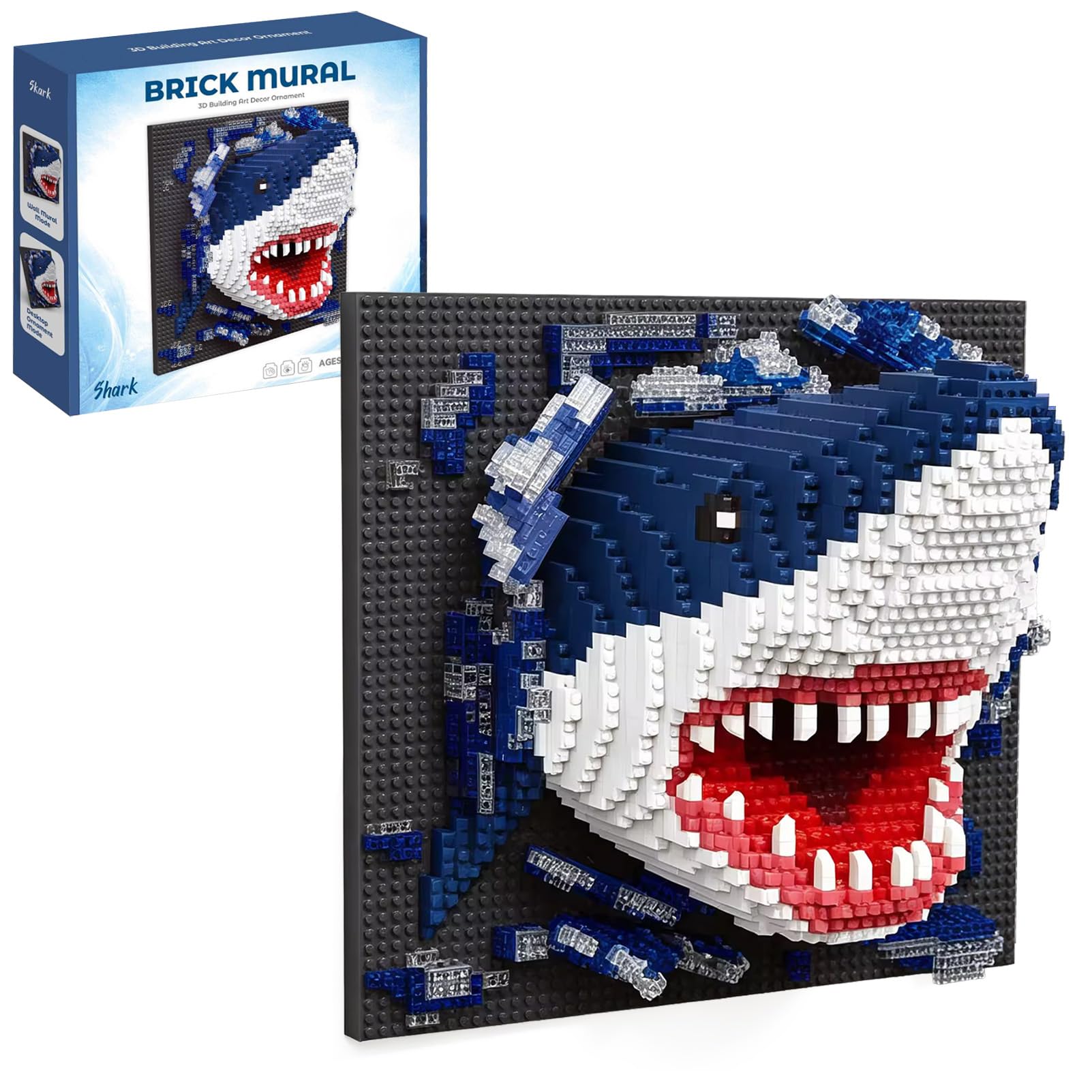 2166-Piece 3D Shark Wall Art Building Set, Unique Micro Bricks Sculpture Kit, Realistic Home Wall Decor and Desktop Display Model for Creative Adults