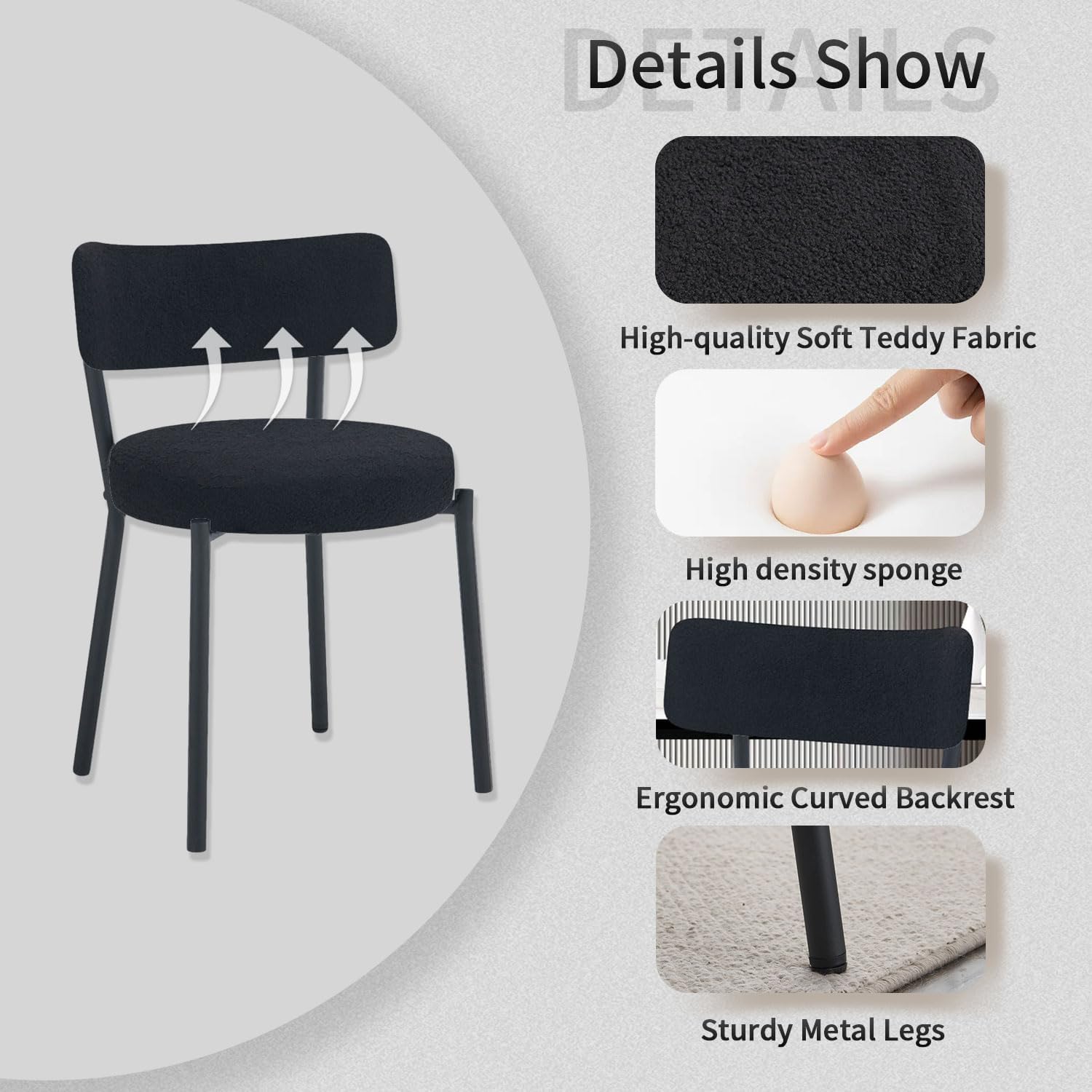 Boucle Dining Chairs Set of 4, Modern Round Upholstered Dining Chairs, Curved Backrest Kitchen Dining Room Chairs, Mid-Century Black Dining Chair with Black Metal Legs