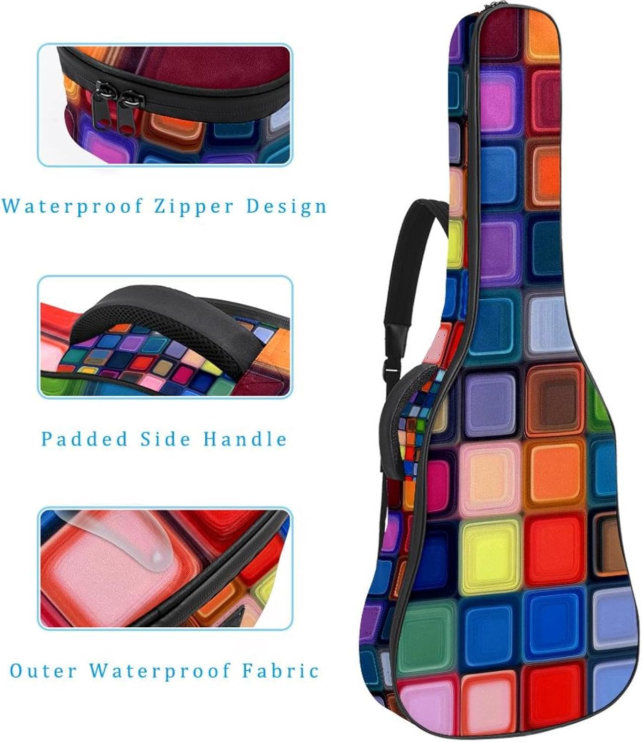 40 41 42 Inch Acoustic Guitar Bag, 0.4 In Thick Sponge Padded Guitar Case Gig Bag with Back Hanger Loop and 2 Pockets, Colorful Squares Geometric Pattern