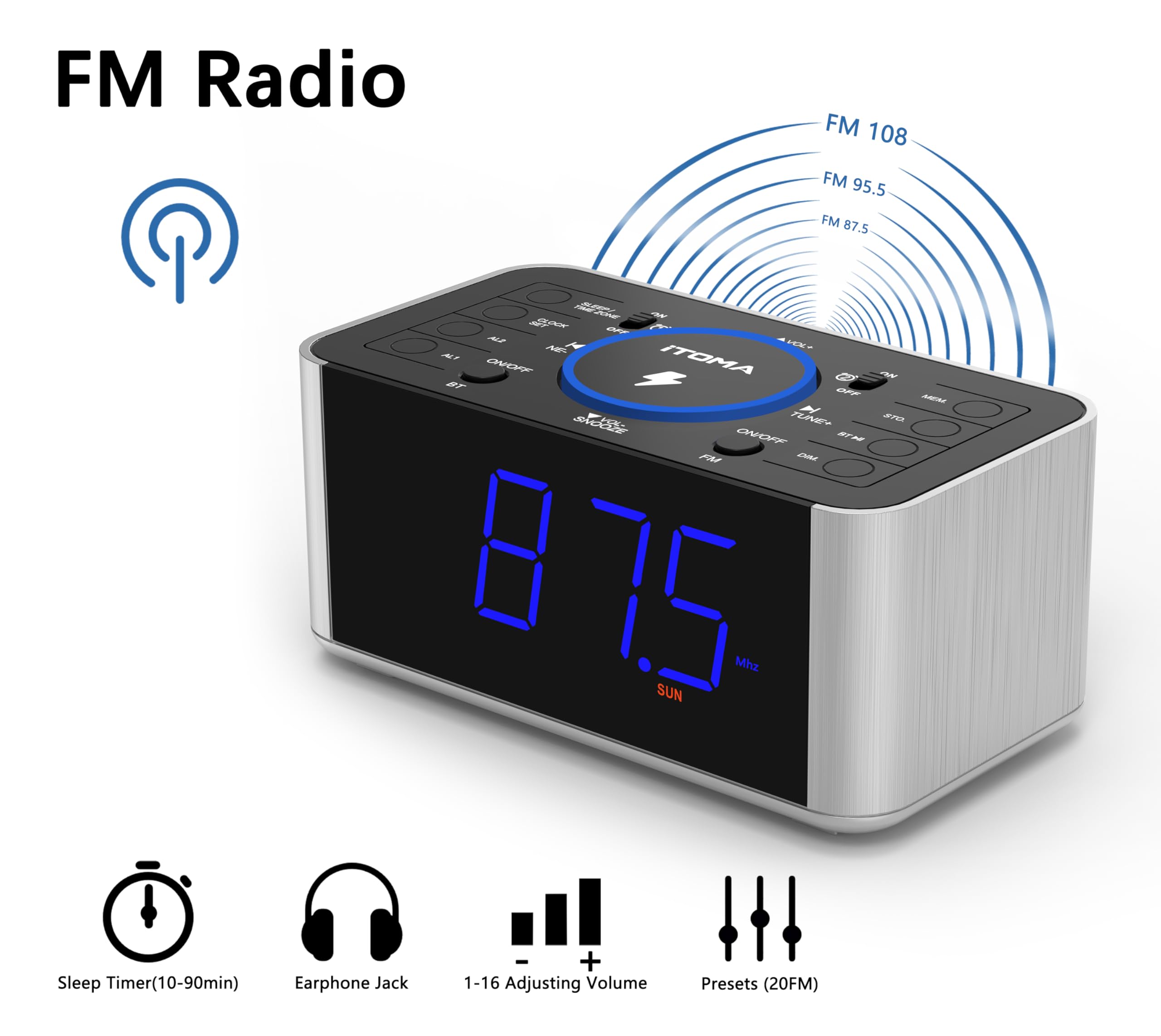 iTOMA Radiosveglia con ricarica wireless da 5 W, snooze, Bluetooth, doppia sveglia, display LED da 1,4'', dimmer, orologio con ricarica USB per comodino 206