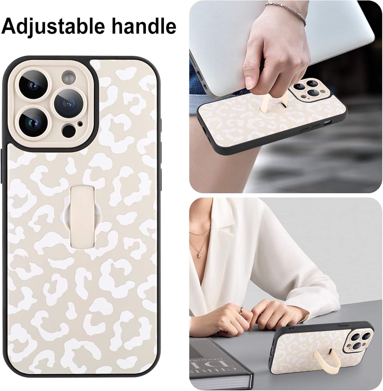 MOWIME Compatible with iPhone 14 Pro Case with Finger Strap, Cheetah Print Shockproof Soft TPU Protective Cover for Women Girls, Slim Anti Scratch Case for iPhone 14 Pro 6.1 Inch, White - Image 3