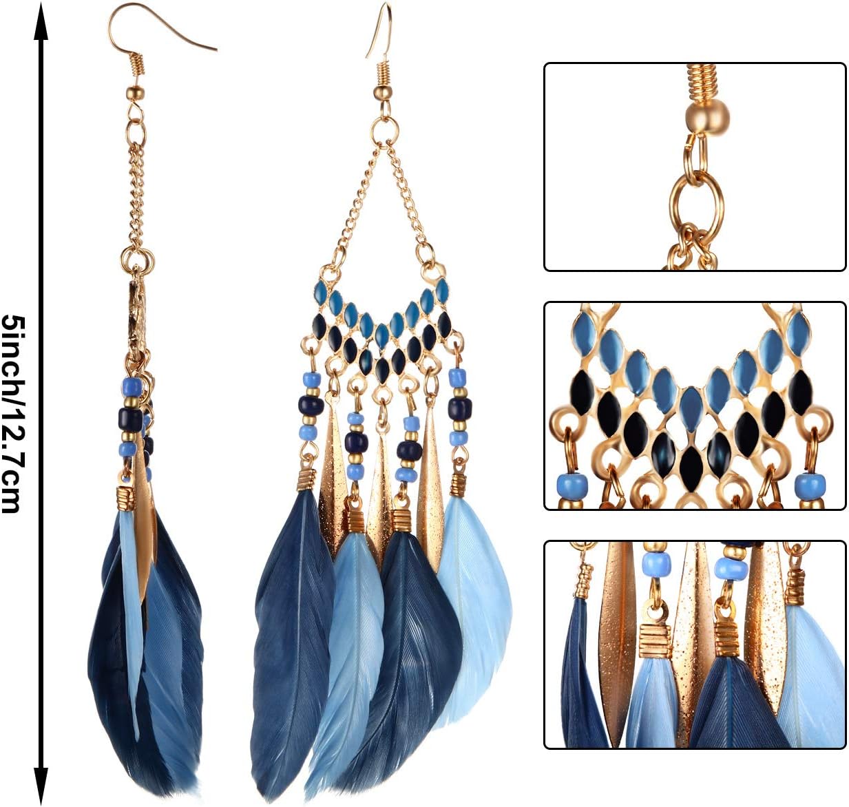 6 Pairs Women Faux Feather Earrings Dream Catcher Bohemian Fringe Tassel Long Drop Dangle Earrings Set with Design for Women - Image 3
