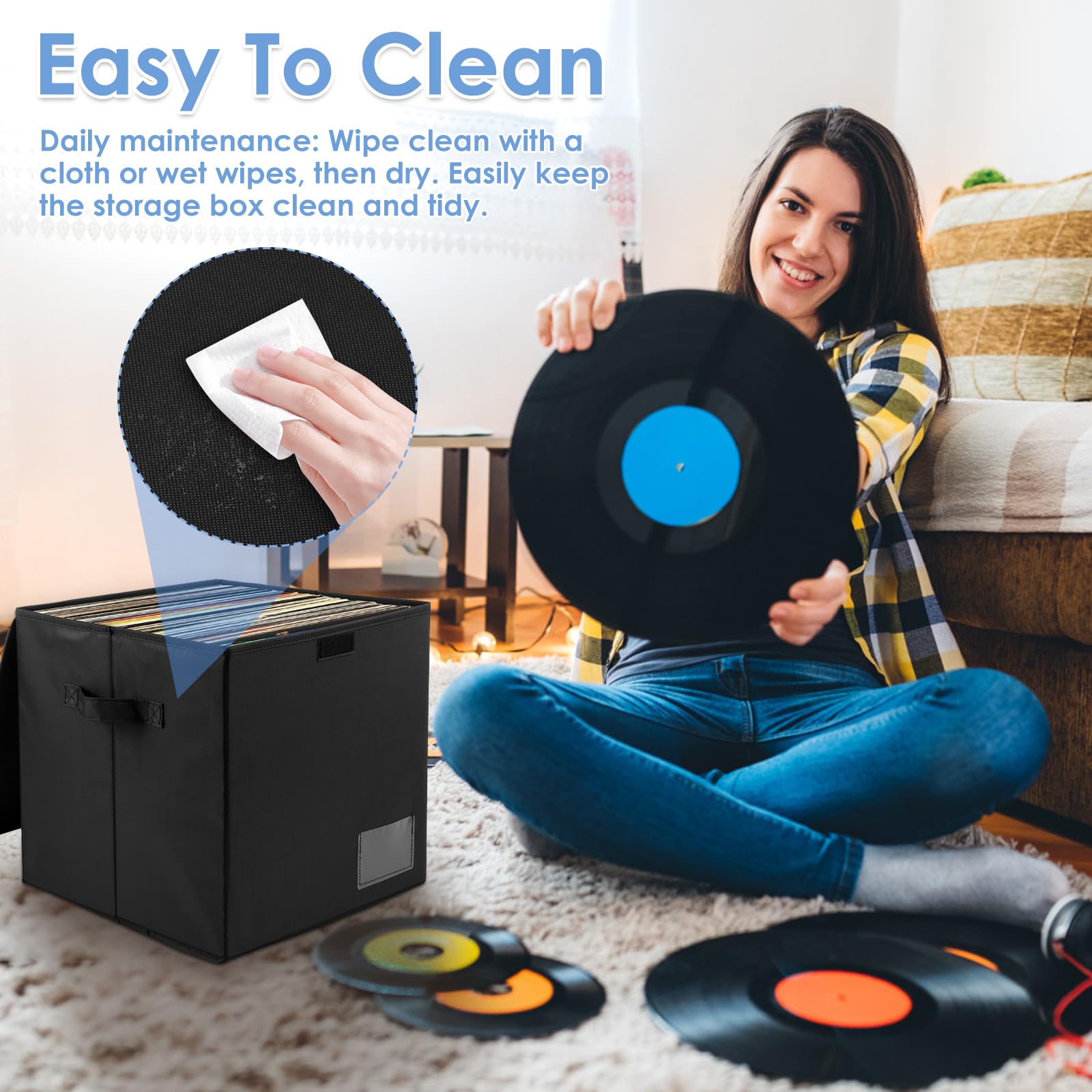 Lot de 4 Boîte de Rangement pour Disques Vinyles, Oxford Tuch Klappbar Boîtes de Rangement Pliables, 13 Zoll Schallplatten Box mit Deckel und Griffen für Wertvolles Album Collectionner