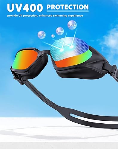 Vista 6 de Gafas de Natación, Gafas de Natación Unisex para Adultos Anti Niebla Anti UV Sin Fugas Visión Amplia para Hombres Mujeres Jóvenes Negro/Naranja