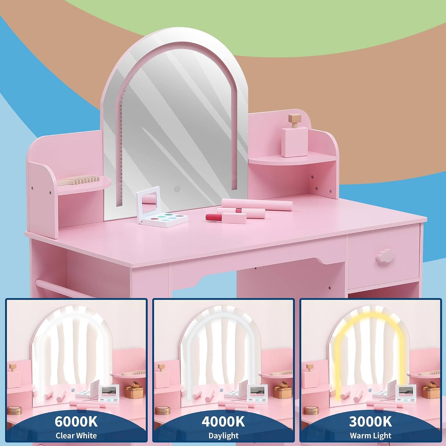 GarveeLife Children's Dressing Table with Stool and LED Mirror, Small Dressing Table with Drawer and 1 Open Compartment, for Girls Aged 3-6 Years, Pink, Includes Accessories