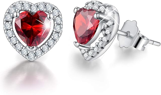 EsberryGift for Christmas 18K Gold Plating 925 Sterling Silver Birthstone Love Heart Stud Earrings Cubic Zirconia Hypoallergenic Earrings Birthday gift for Women and Girls (January-Garnet)