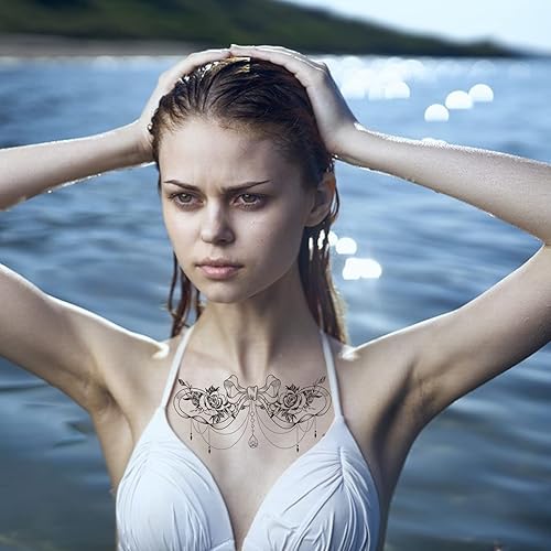 Miniatura 5 de 6 hojas de tatuajes en el pecho flores de rosas debajo de las tetas tatuajes temporales negros debajo del pecho para mujer joyería impermeable lazo
