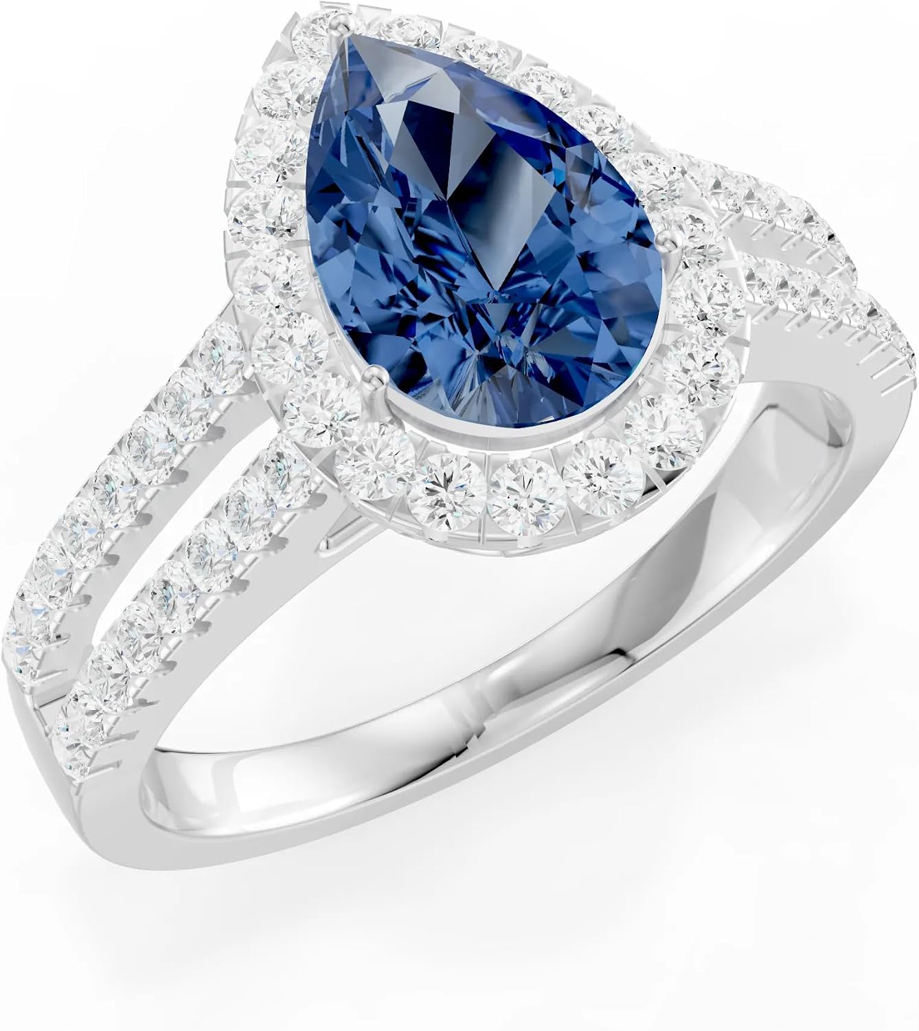 PEORA Pear Shape Cut Blue Sapphire Halo Band Available in Solid 10K, 14K or 18K Ring – White, Yellow or Rose Gold