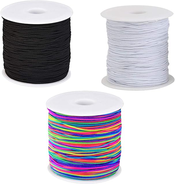 Trimming Shop 1mm Round Elastic Cord, Heavy Stretch Elastic Band Thread Beading String Rope for DIY Sewing Accessories, Crafts, Jewellery Stringing, Party Hats, 300 Metres (100 Metres of Each)