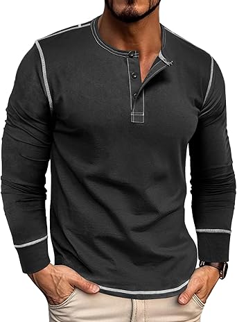 Mens Henley Shirts Casual Basic Long Sleeve T-Shirt Classic Button Lightweight Pullover Solid Cotton Tees