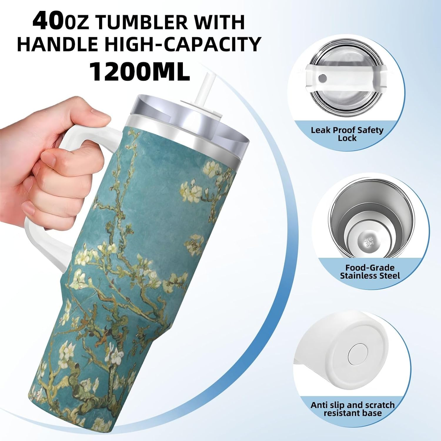 Almond Blossom Print 40oz Ice Bully Portable Insulated Stainless Steel Tumbler Hot Cold Beverages Gifting image 4