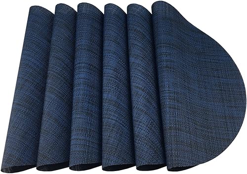 Miniatura 2 de WAZAIGUR Juego de 6 manteles individuales redondos de vinilo tejido fácil de limpiar, resistentes al calor, 15 pulgadas (azul marino 6)