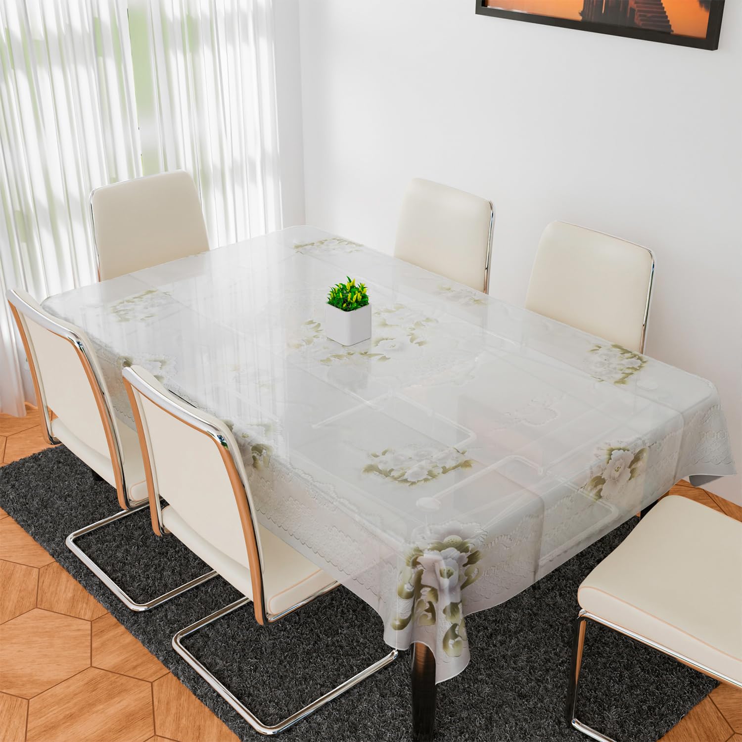 Kuber Industries Dining Table Cover | PVC 6 Seater Table Cloth Cover | Flower Almond Table Cover | 60x90 Inch Green