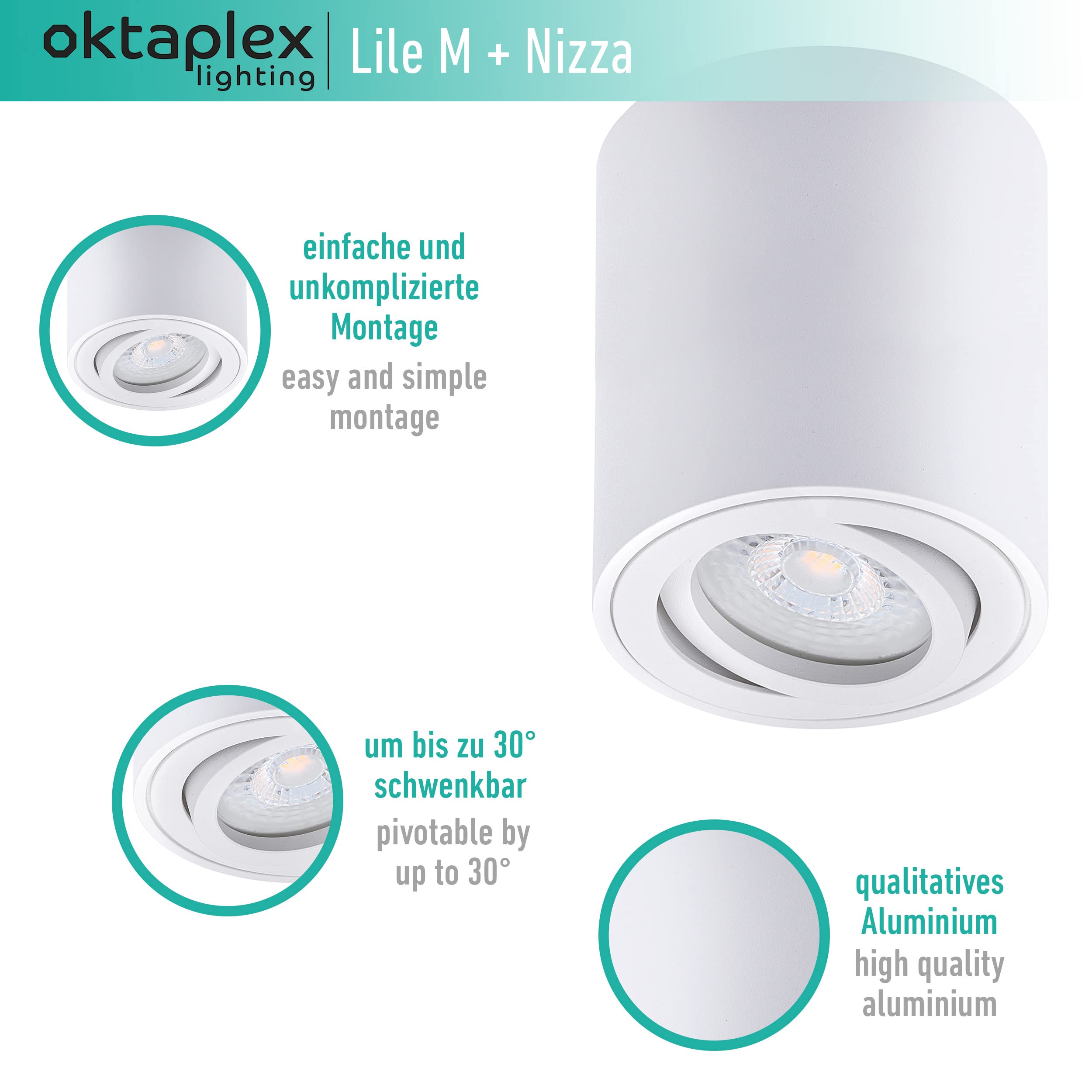 Oktaplex 3 Stück Aufbaustrahler Lile M Weiß inkl. LED Modul 4,8W 380lm