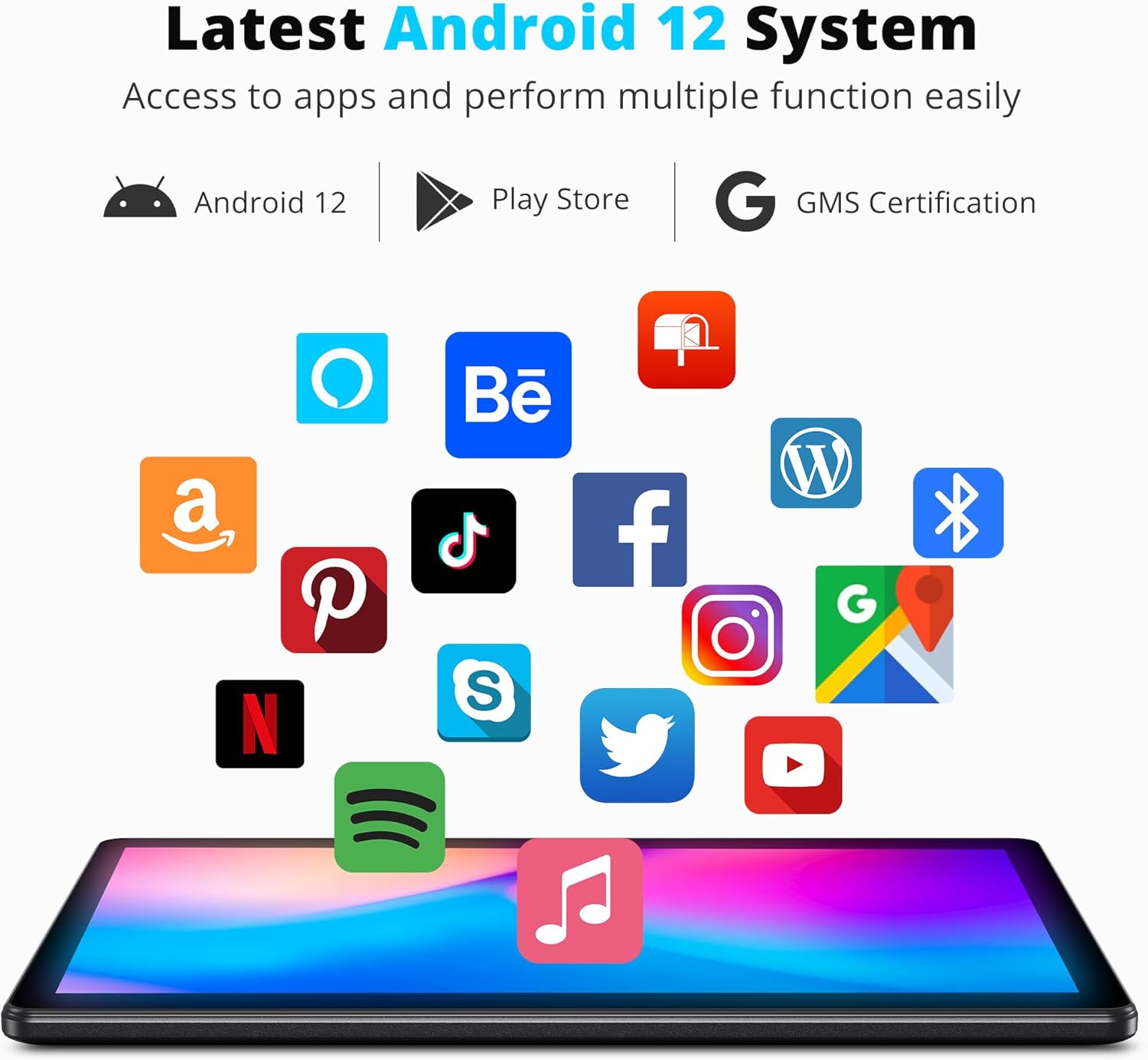 Dragon Touch Notepad K10 Tablet running Android 12 with various app icons