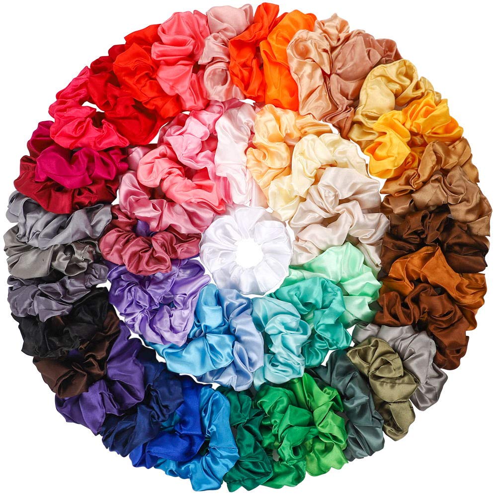 Isbasa 50 Colors Hair Scrunchies Large Satin Silk Hair Bands Elastic Hair Scrunchy Ties Ropes Scrunchies for Women and Girls Hair Accessories