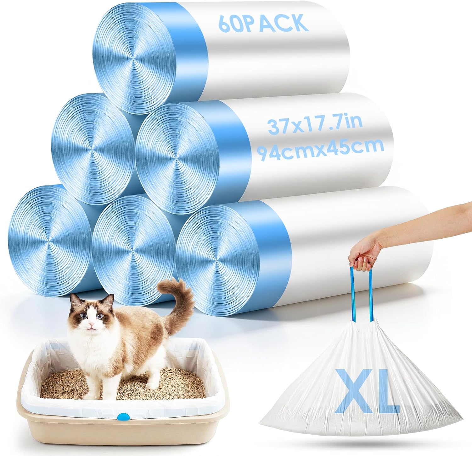 60 Pack Jumbo Cat Litter Bags - 2 Mil Thick Heavy Duty Leakproof Litter Box Liners, 37"x17.7"XL Size Drawstring Cat Litter Liners for Automatic Litter Box, Odor Control Disposable Kitty Litter Bags