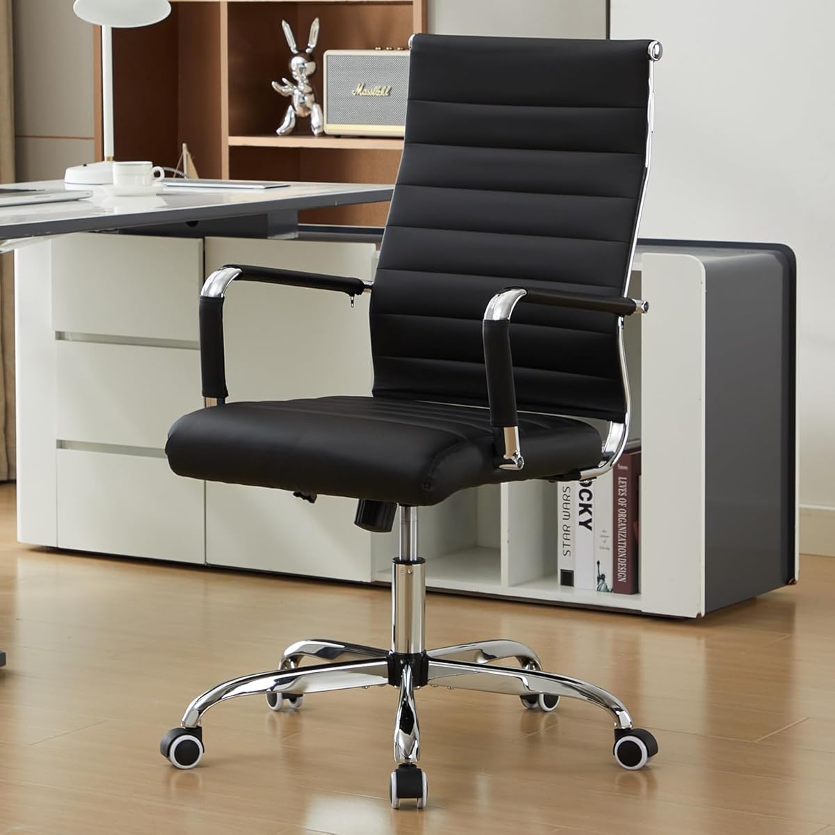 Office Desk Chair Leather, Conference Room Chairs with Wheels, Modern Executive Computer Guest Chairs with Arms (Black)