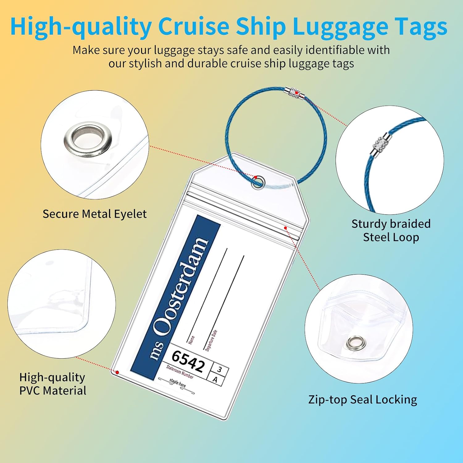 6 Pcs Holland America Cruise Luggage Tag Holders, Zip Seal Clear Cruise Luggage Tag Holder with Steel Loops Fits for Holland America & Carnival Cruise Essentials Must Haves 2025-2026 (6 Holders)